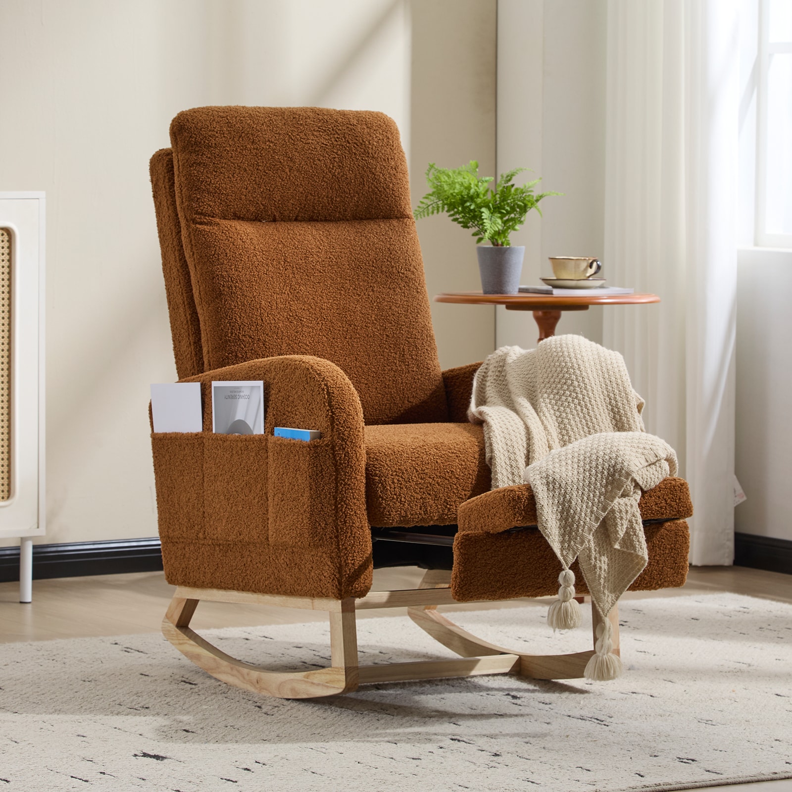 Modern Accent Rocking Chair Rocking Chair With Solid Wood Legs, Upholstered Nursery Glider Rocker, Comfy Armchair With Side Pocket, Living Room Lounge Arm Chair With High Backrest (Brown,teddy)_voghion.com